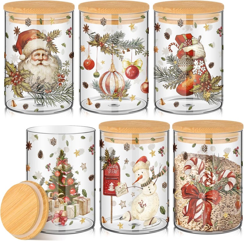 Shellwei 6 Pcs Retro Christmas Glass Storage Jar with Airtight Bamboo Lid Santa Claus Canister Sets Christmas Tree Snowman Cookie Candy Storage 19oz for Kitchen Containers Countertop Decoration - Image 1